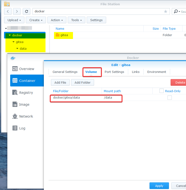 Gitea - Volume-Einstellungen