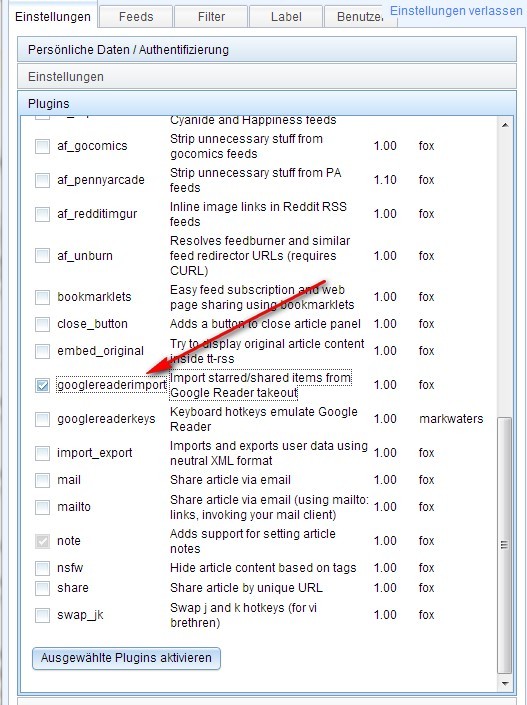 Tiny Tiny RSS - Importfunktion aktivieren
