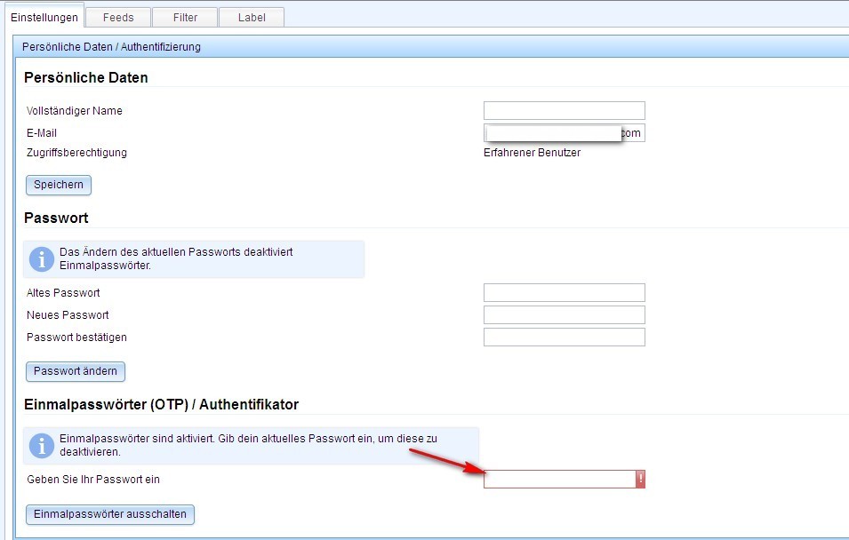 Zwei-Faktor-Authentifizierung für Tiny Tiny RSS deaktivieren