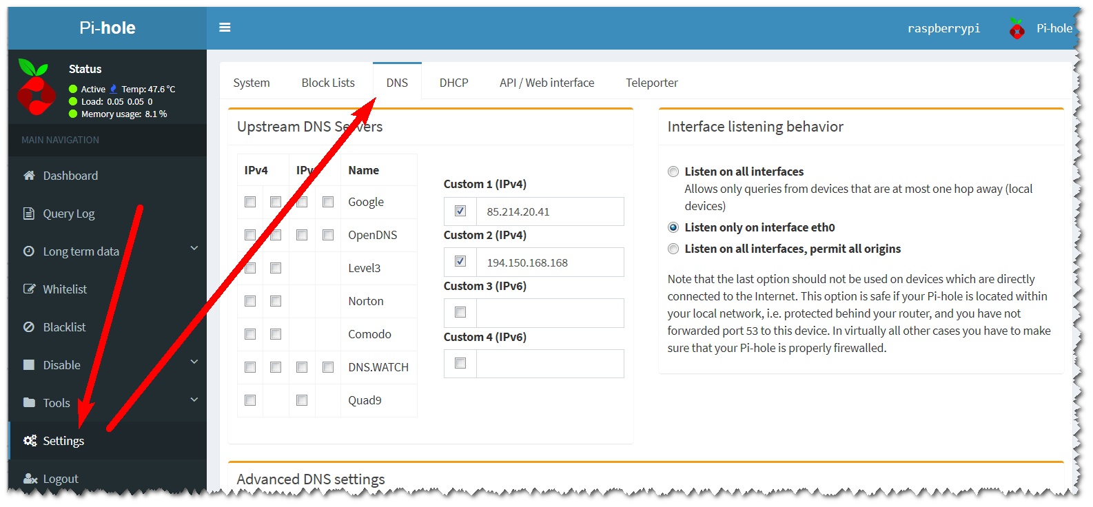 Pi-hole - DNS-Settings