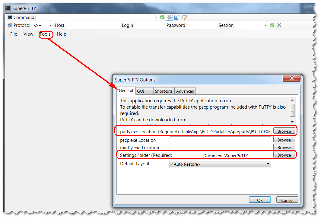 SuperPuTTY-Konfiguration
