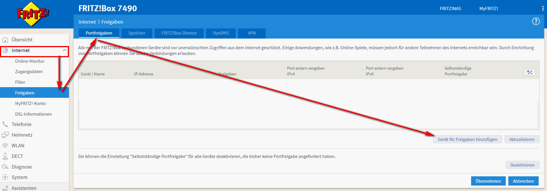 Portfreigabe einrichten