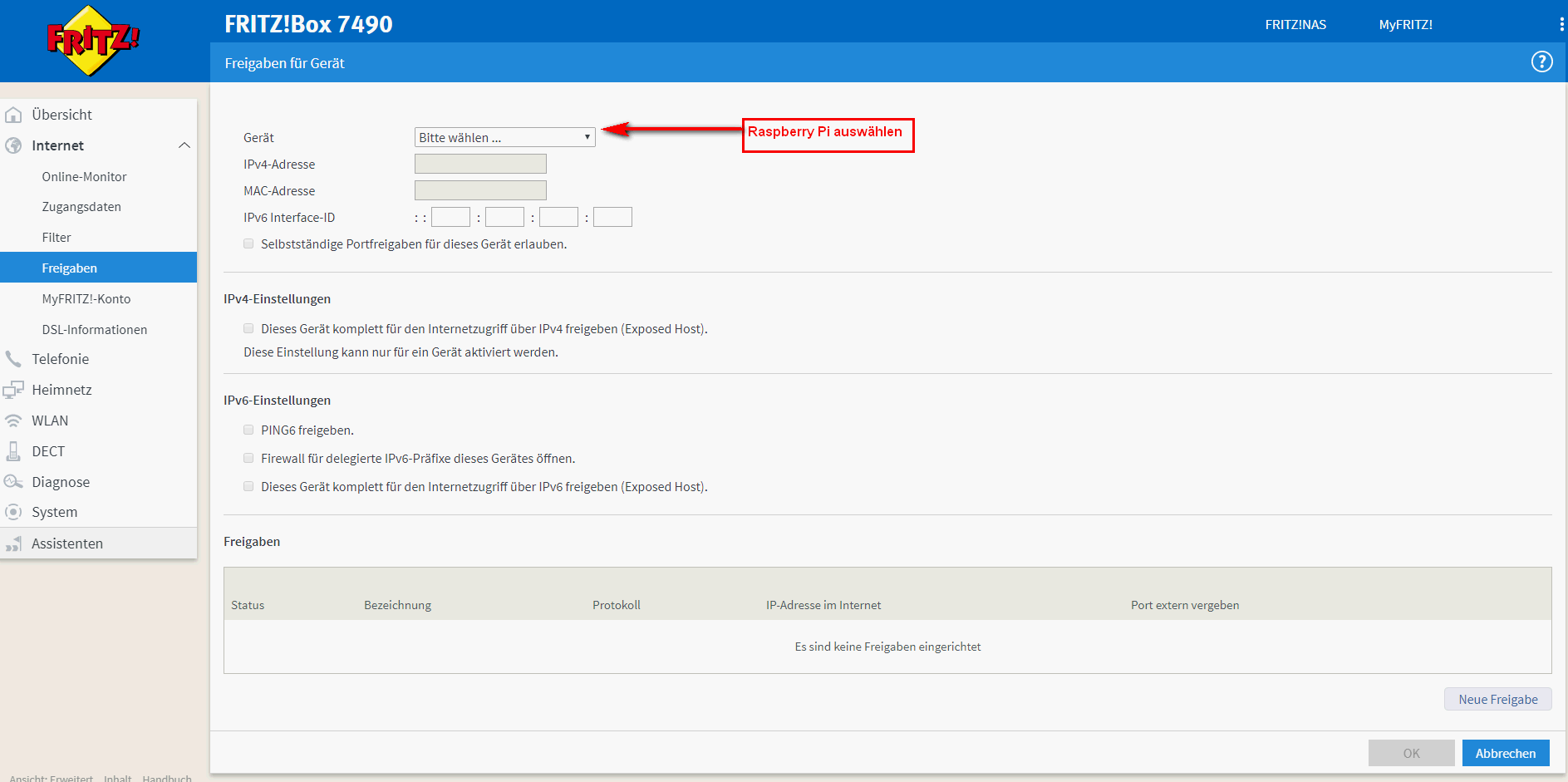 Portfreigabe einrichten - Gerät auswählen