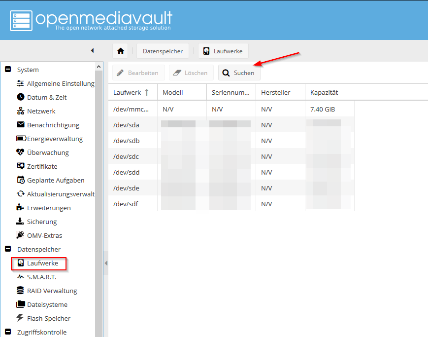 openmediavault - Festplatten suchen