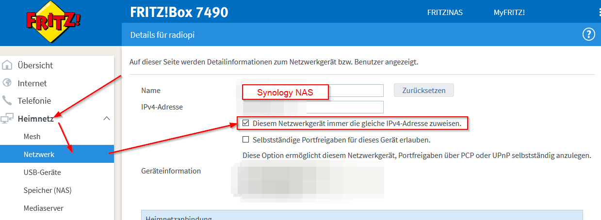 Synology NAS - Feste IP-Adresse zuweisen