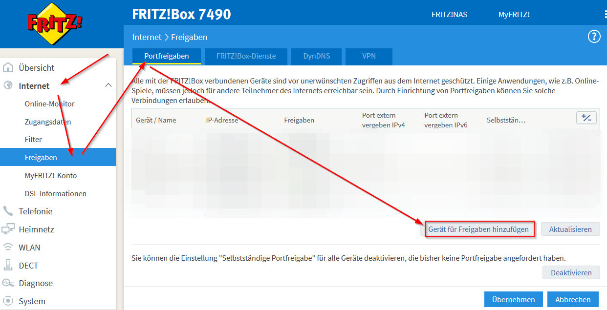 Portfreigabe einrichten