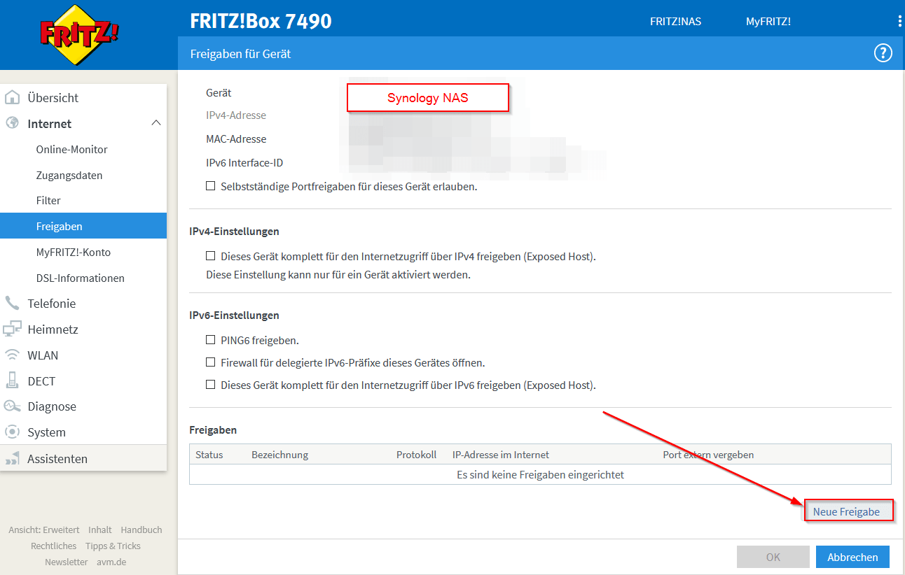 Portfreigabe einrichten