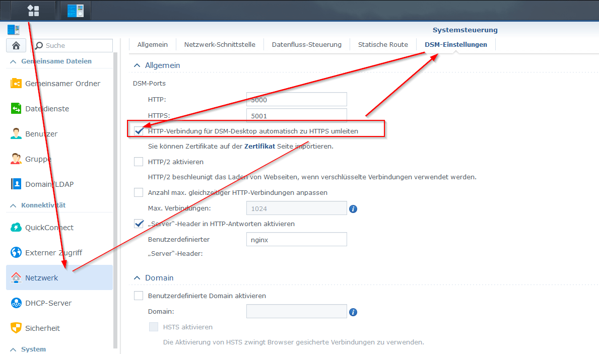 HTTP-Verbindungen für DSM-Desktop automatisch zu HTTPS umleiten
