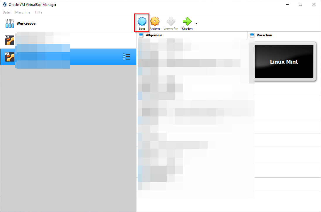 VirtualBox Manager - Neue virtuelle Maschine erstellen