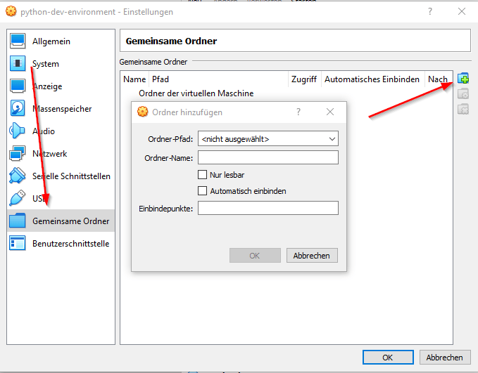 VirtualBox Manager - Gemeinsamer Ordner