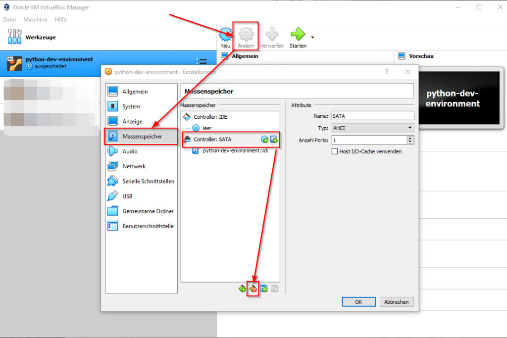 VirtualBox Manager - Massenspeicher entfernen