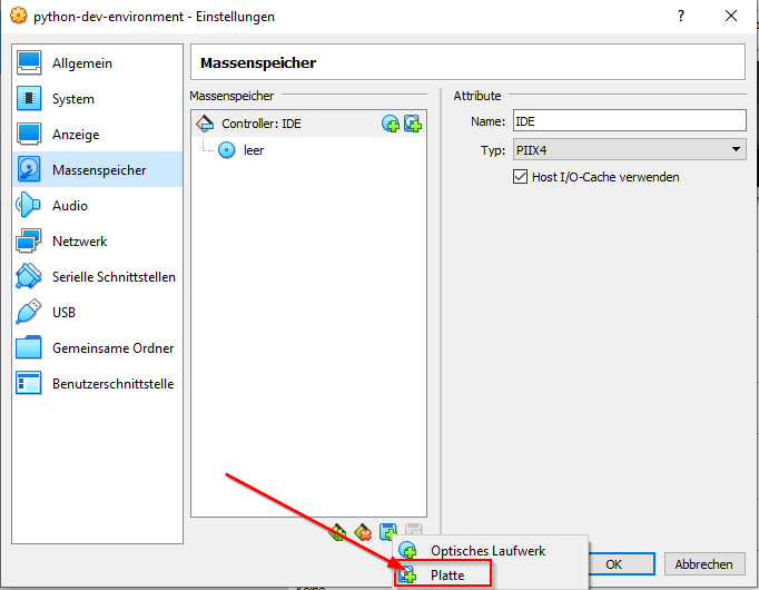 VirtualBox Manager - Neue Massenspeicherzuordnung