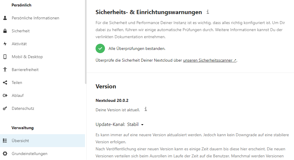 Nextcloud 20.0.2 - Alle Überprüfungen bestanden.