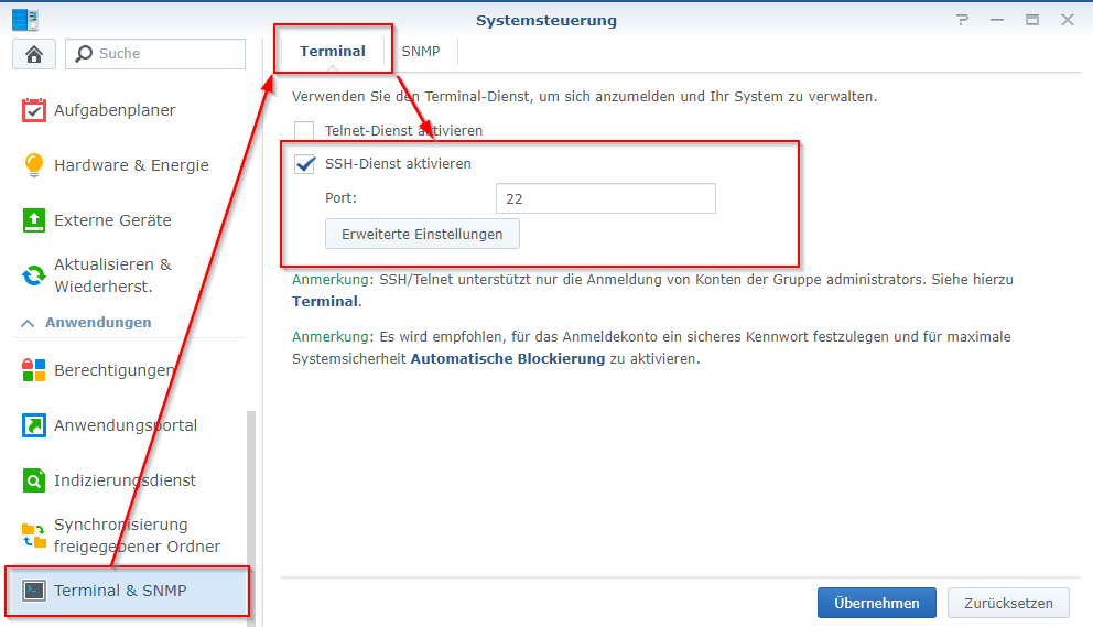 Synology NAS - SSH-Zugriff aktivieren