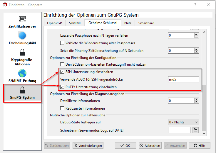Kleopatra - Einstellungen