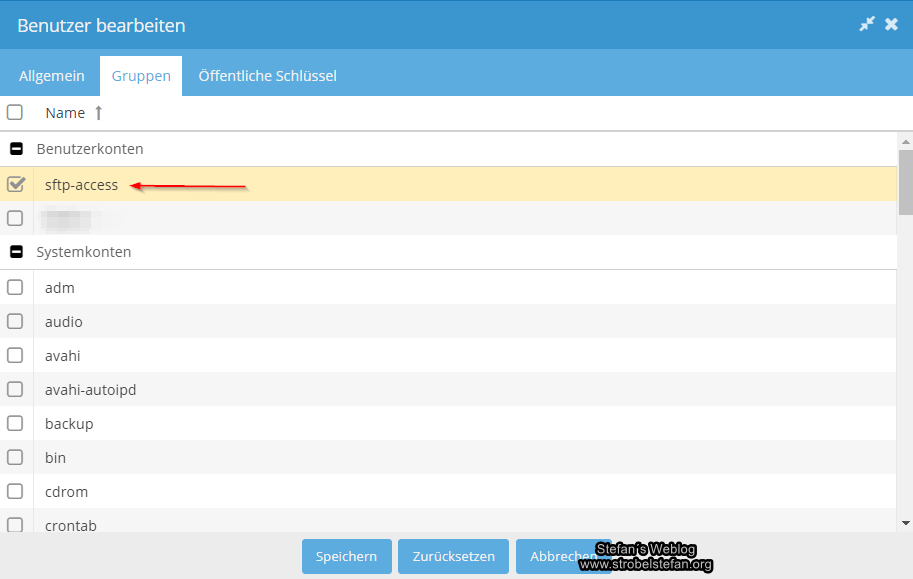 omv - Benutzer zu Gruppe sftp-access hinzufügen