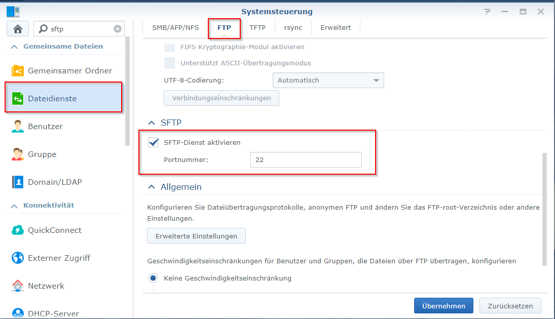 Synology - SFTP aktivieren