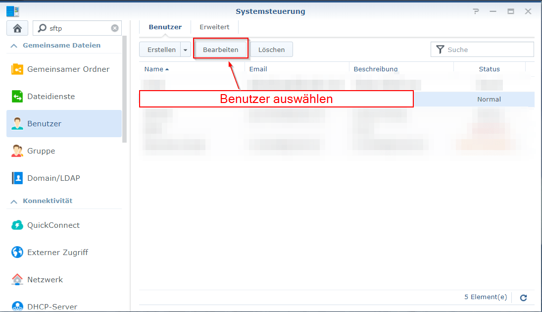 Synology - Benutzer auswählen