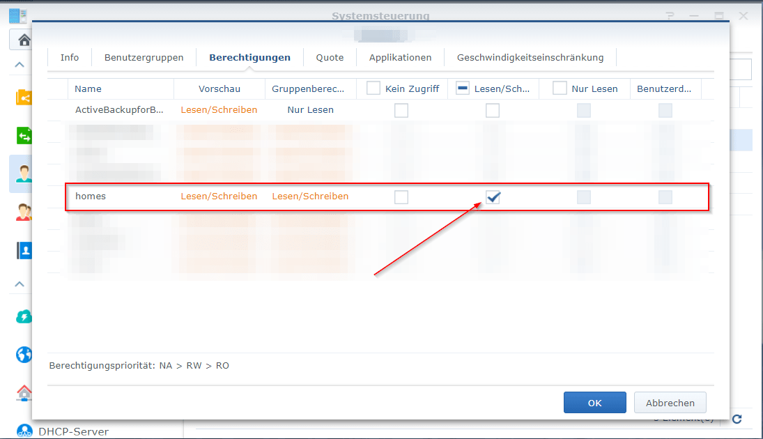 Synology - Benutzer Zugriffsrechte gewähren