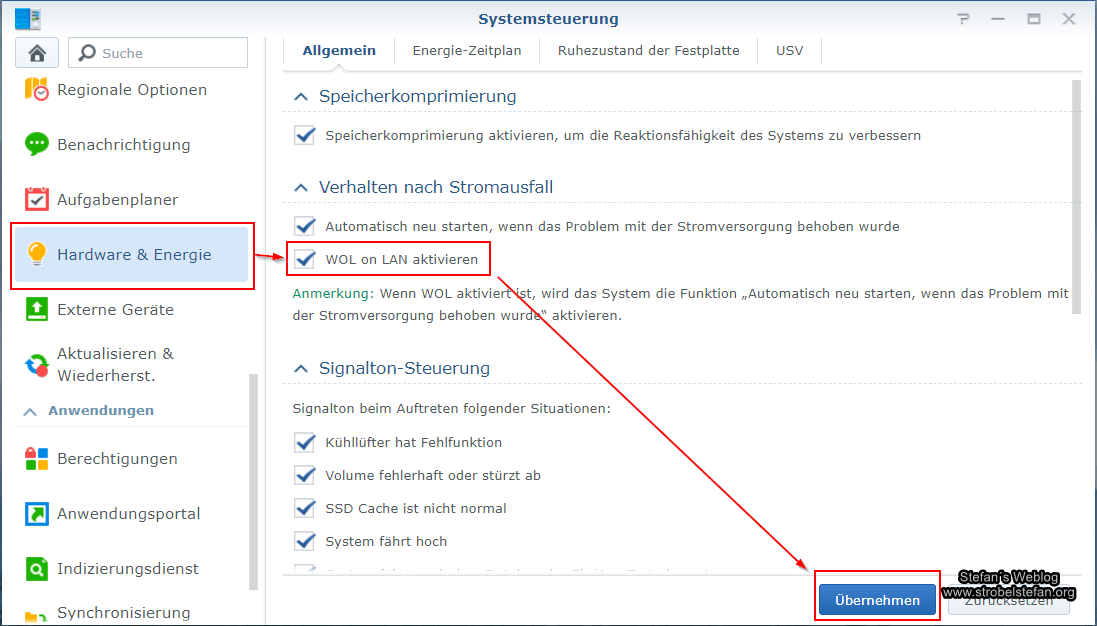Synology-Systemsteuerung - WOL aktivieren