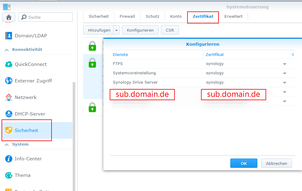 Synology - Zertifikate verwalten