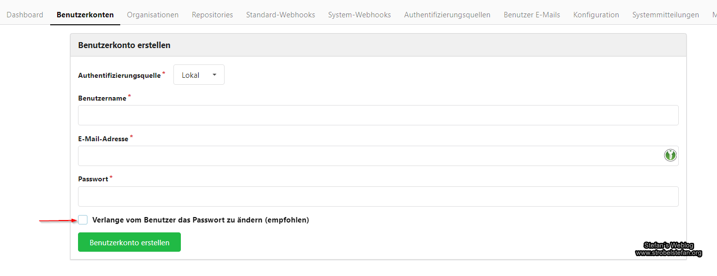 Das Ändern des Passworts könnt ihr abschalten. Der Benutzer soll sich nicht an der Weboberfläche anmelden, sondern nur für den Sync mit rclone verwendet werden.