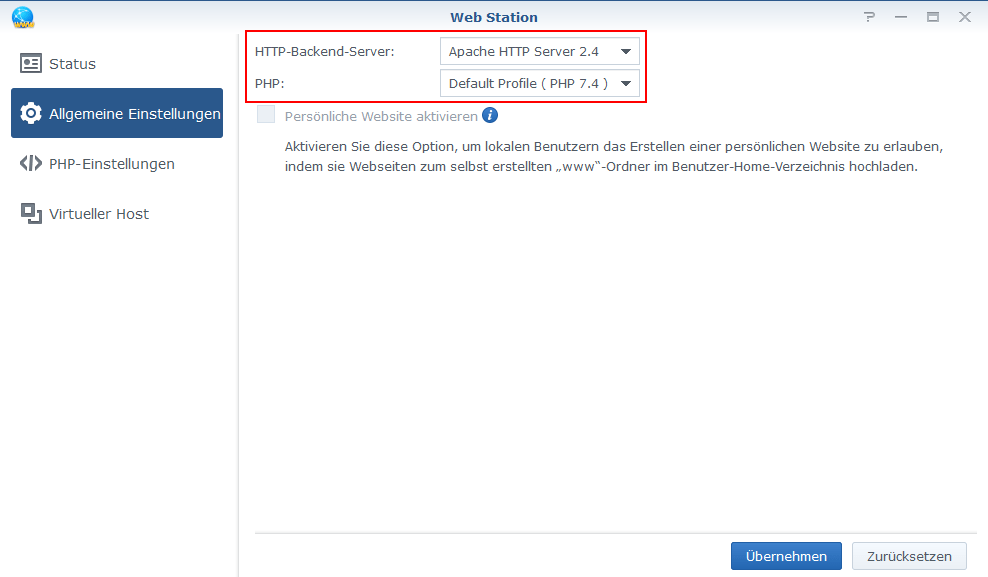 Web Station - Allgemeine Einstellungen