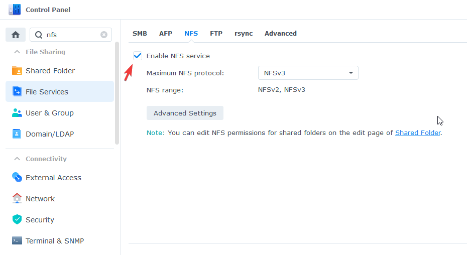 Synology NFS-Server deaktivieren / aktivieren