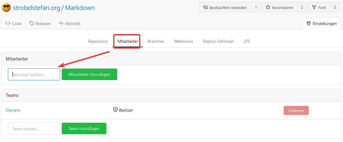 Gitea - Benutzer zu Repository hinzufügen