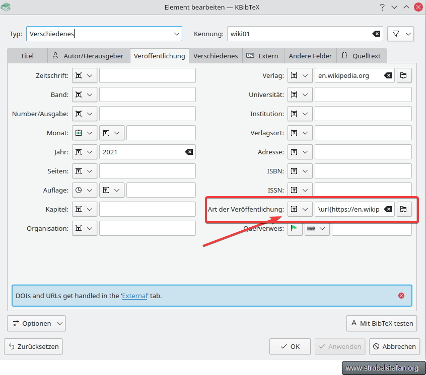 KBibTeX und URL