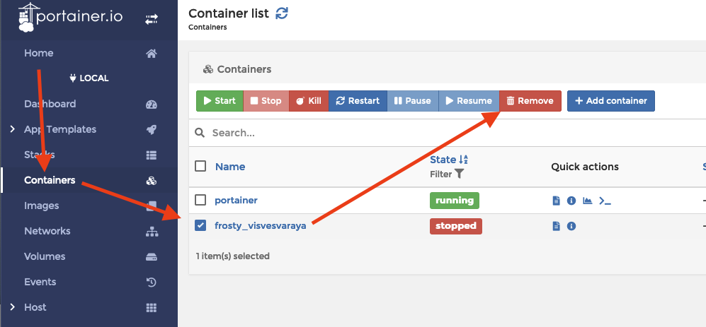 Portainer - hello world entfernen