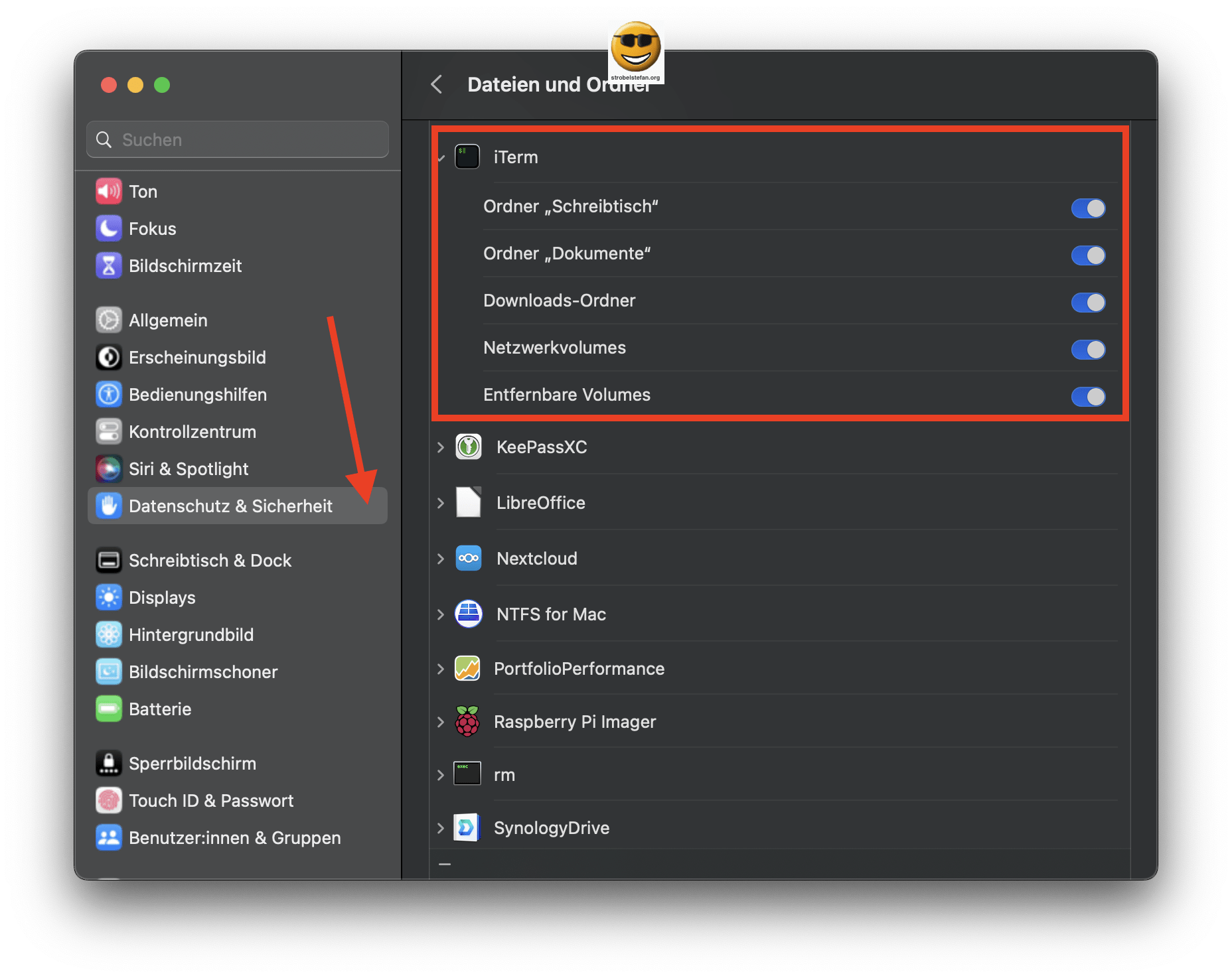 MacOS Systemeinstellungen - Datenschutz & Sicherheit - iTerm für rsync