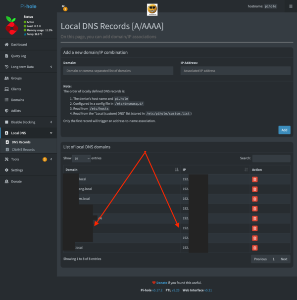 Pi-hole Local DNS Records A/AAAA