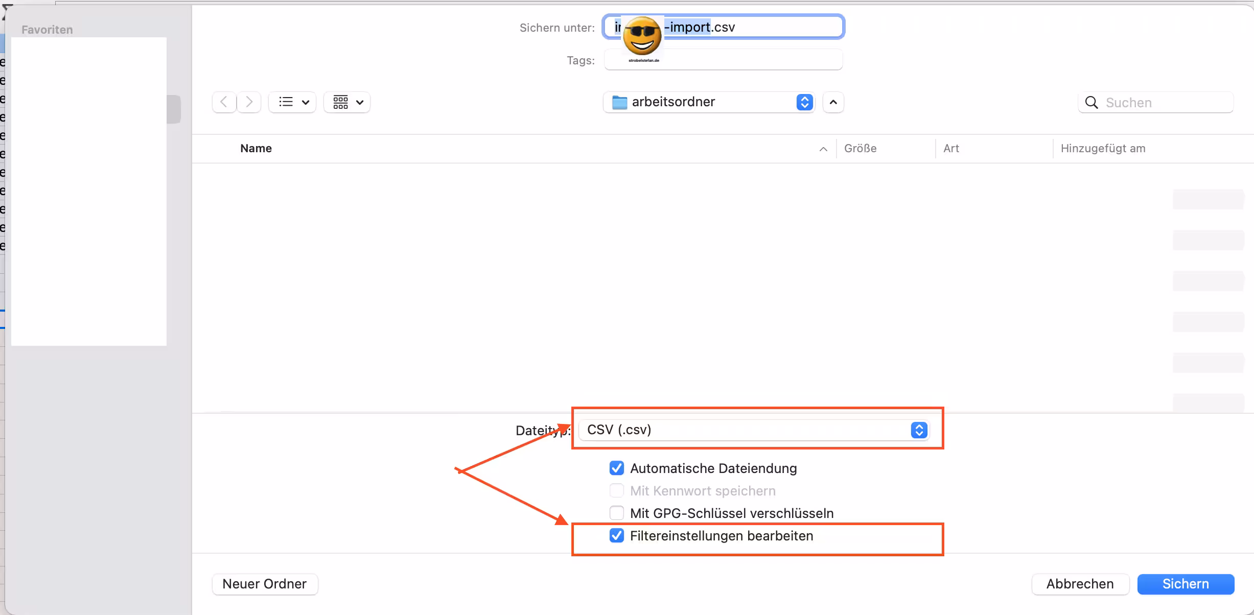Tabelle 1_8_0 - Die Datei wird über Datei - Speicher unter ... als csv-Datei gespeichert. Der Button Filtereinstellungen bearbeiten ist angeklickt.