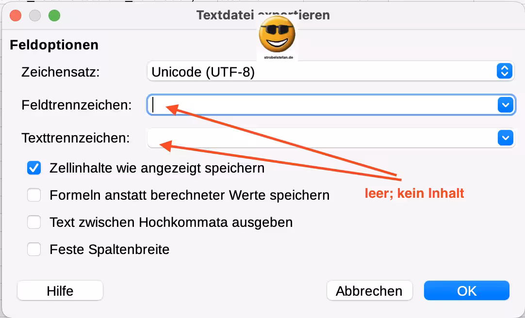 Beim Speichern der Datei sind alle Feldtrennzeichen und Texttrennzeichen zu entfernen.