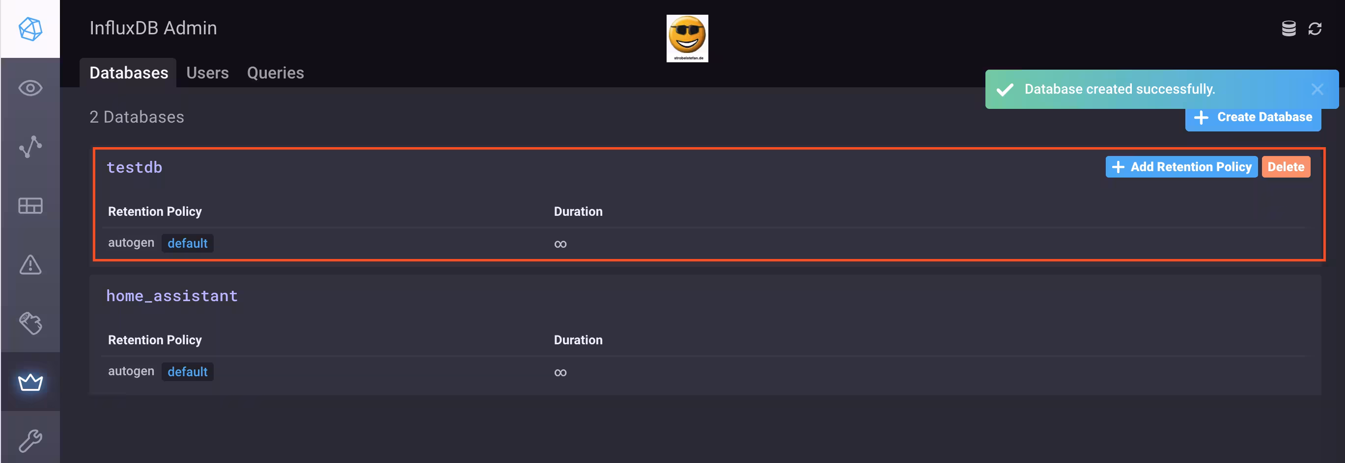 InfluxDB - Die neue Datenbank wurde angelegt und wird in der Übersicht angezeigt.