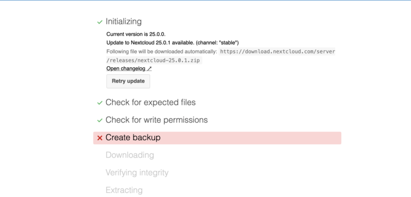 Update stoppt bei Schritt 3 Create backup