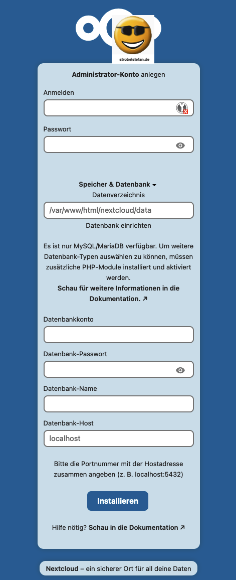 Nextcloud Installation - Benutzer, Passwort und Datenbank anlegen