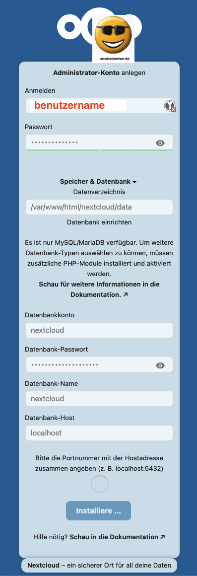 Nextcloud Installation - Benutzer, Passwort und Datenbank anlegen
