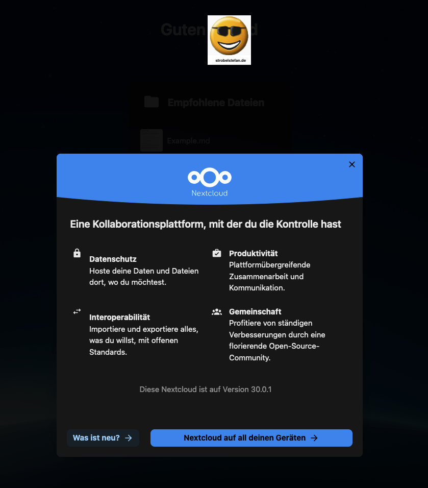 Nextcloud Installation erfolgreich! - Willkommensbildschirm wird angezeigt